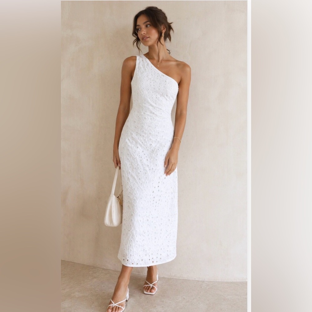 Zara White One-Shoulder Eyelet Midi Dress
